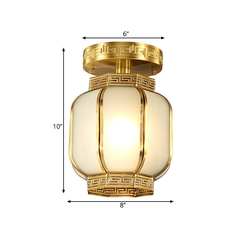 Traditional Brass Metal Semi Flush Lantern Ceiling Light With Opal Glass Shade