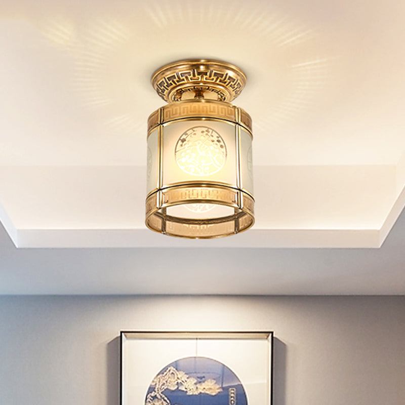 Brass Cylinder Flush-Mount Light for Corridor