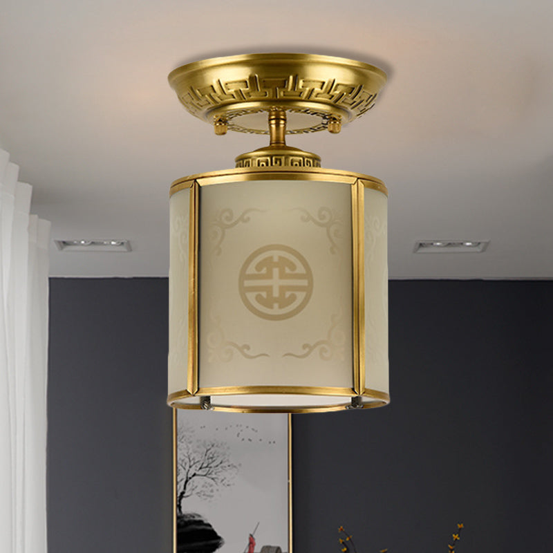 Brass Cylinder Flush-Mount Light for Corridor