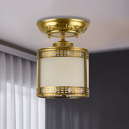 Brass Cylinder Flush-Mount Light for Corridor