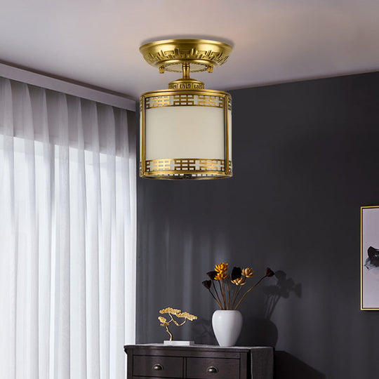 Brass Cylinder Flush-Mount Light for Corridor