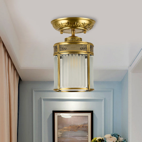 Traditional Brass Semi-Mount Cylinder Ceiling Lamp with 1 Light for Corridors