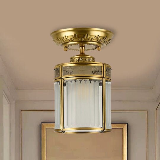 Traditional Brass Semi-Mount Cylinder Ceiling Lamp with 1 Light for Corridors