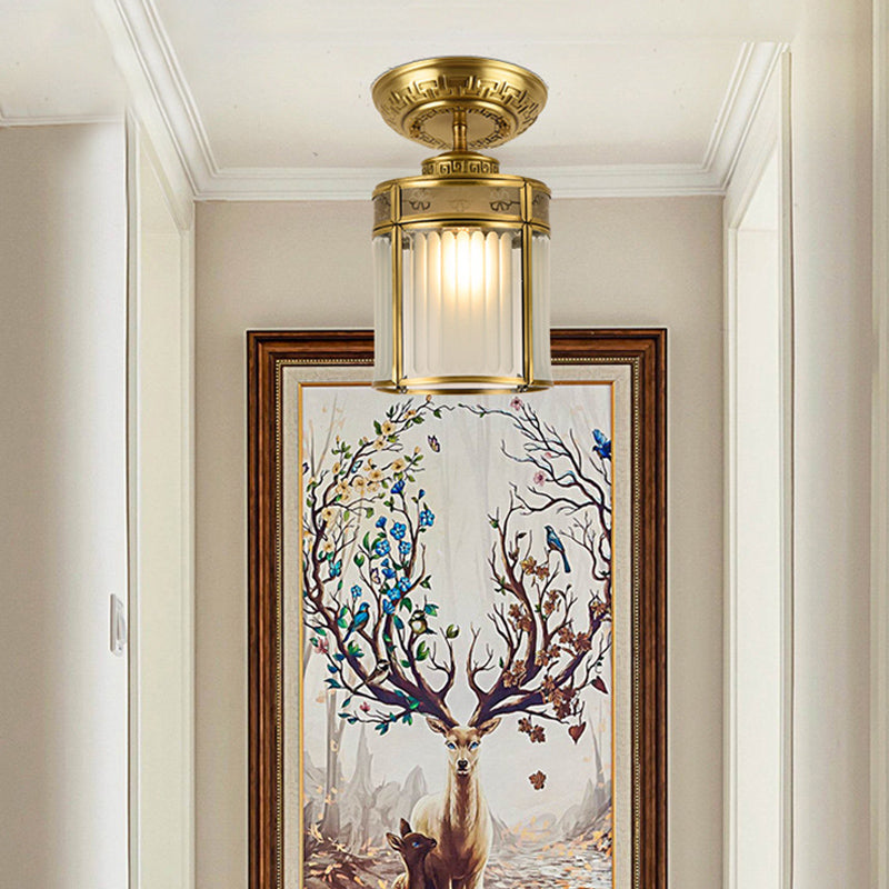 Traditional Brass Semi-Mount Cylinder Ceiling Lamp with 1 Light for Corridors