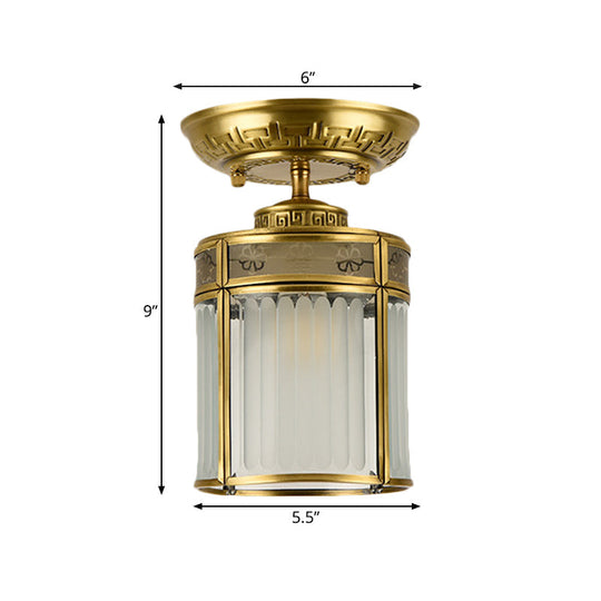 Traditional Brass Semi-Mount Cylinder Ceiling Lamp with 1 Light for Corridors