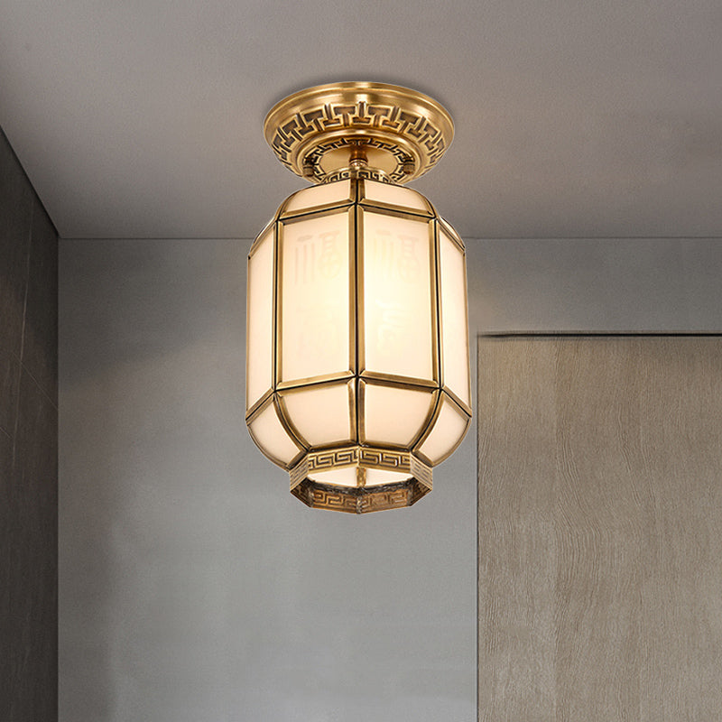 Frosted Glass Semi Flush Mount Lantern: Classic Brass Ceiling Fixture With 1 Light Ideal For