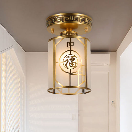 Traditional Brass Semi Flush Mount Ceiling Light Fixture with Frosted Glass Cylinder Shade