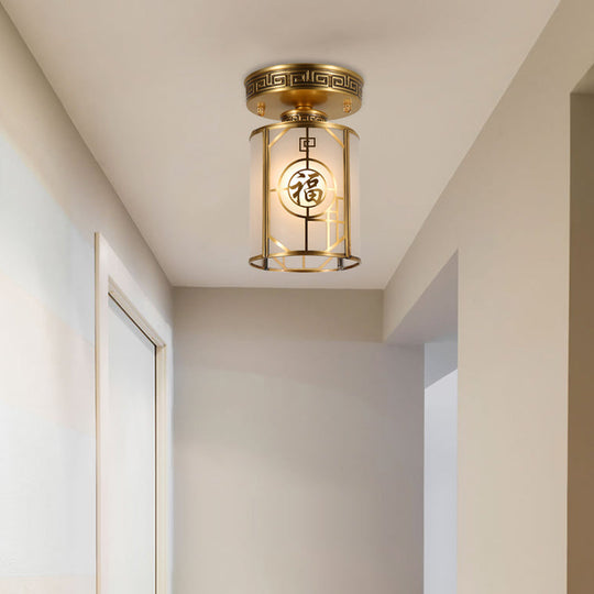 Traditional Brass Semi Flush Mount Ceiling Light Fixture with Frosted Glass Cylinder Shade