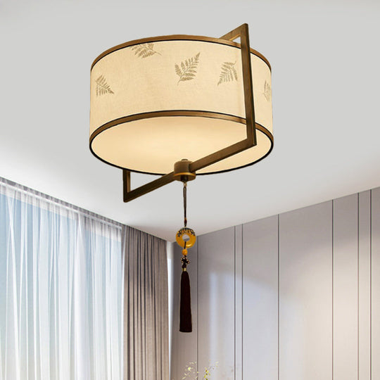 White Fabric Ceiling Mounted Drum Fixture - 5-Light Classic Style Flush Mount Lighting (19.5"/23.5" Width)