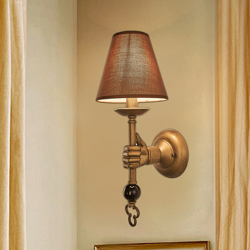 Vintage Cone Wall Light In Brass With Fabric Shade - Bedroom Sconce Fixture