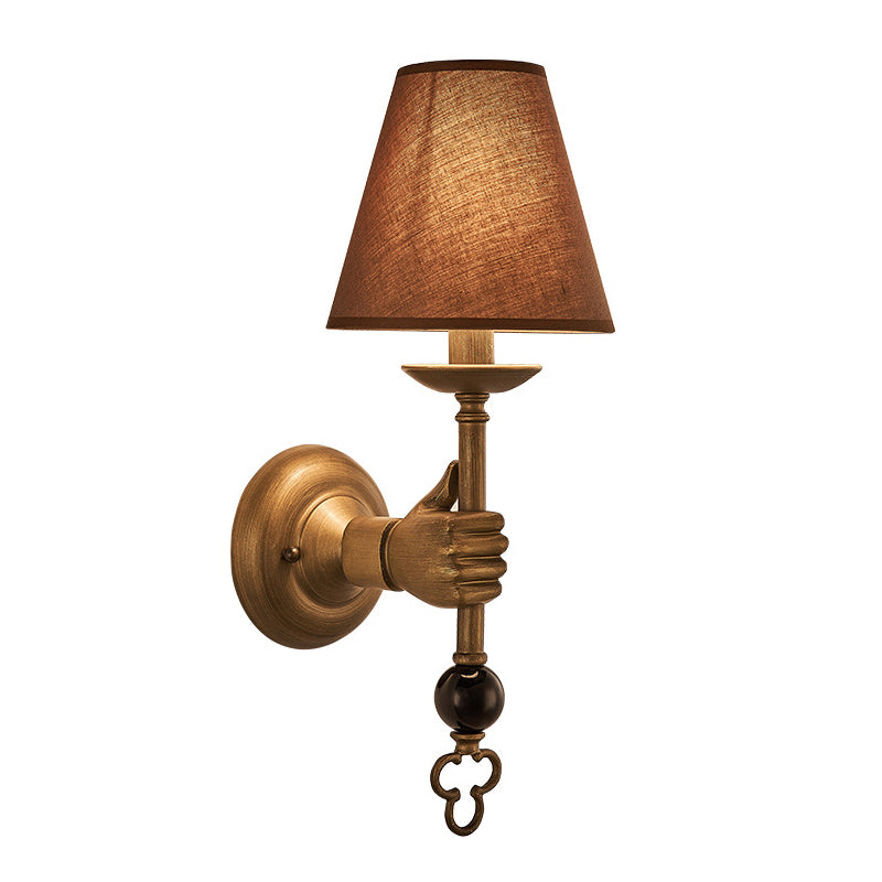 Vintage Cone Wall Light In Brass With Fabric Shade - Bedroom Sconce Fixture