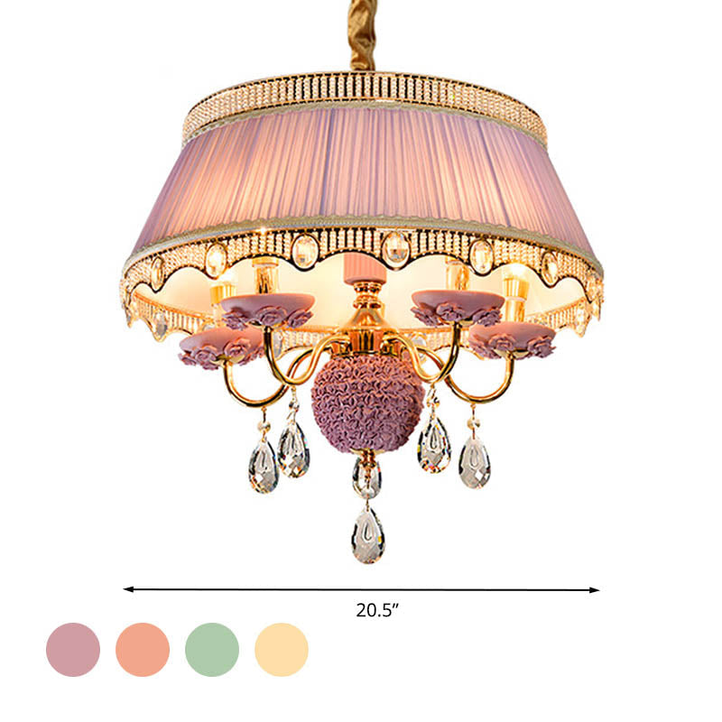 Lustre festonné moderne : plafonnier suspendu en tissu rose/bleu/violet à 5 têtes avec gouttes de cristal