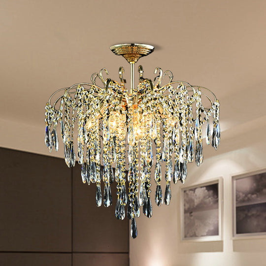 Sophisticated Cascade Crystal Drop LED Ceiling Light with Simple Gold Finish - 18"/19.5" Wide Semi Flush Mount Fixture