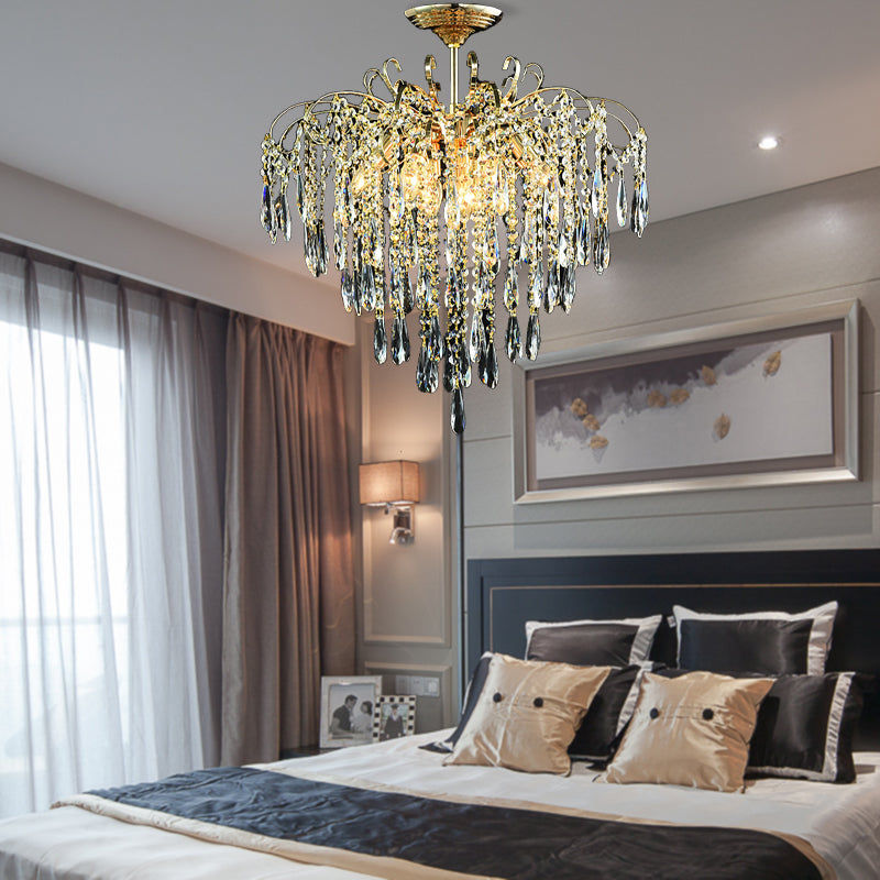 Sophisticated Cascade Crystal Drop LED Ceiling Light with Simple Gold Finish - 18"/19.5" Wide Semi Flush Mount Fixture