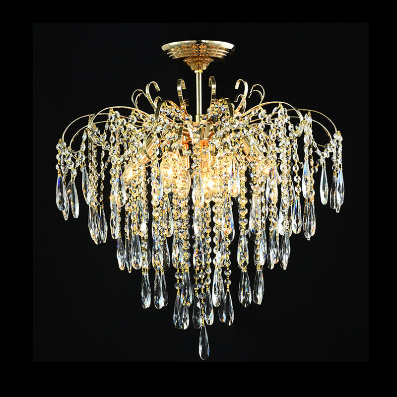 Sophisticated Cascade Crystal Drop LED Ceiling Light with Simple Gold Finish - 18"/19.5" Wide Semi Flush Mount Fixture