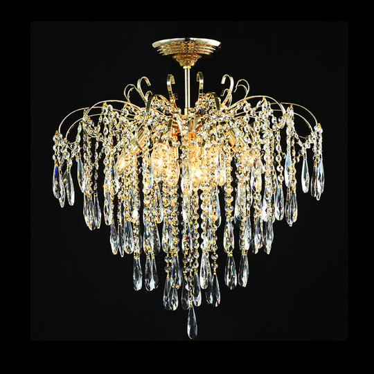 Sophisticated Cascade Crystal Drop Led Ceiling Light With Simple Gold Finish - 18/19.5 Wide Semi