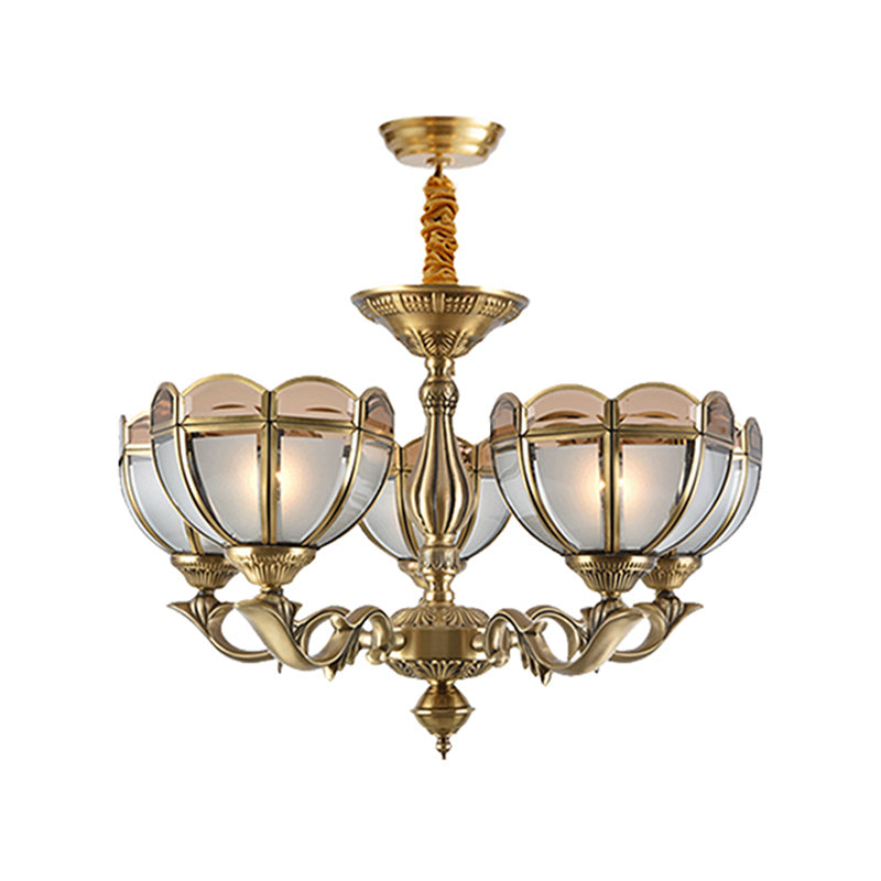 Beige Frosted Glass Gold Chandelier - Dome Style 5/6 Bulbs Hanging Ceiling Light