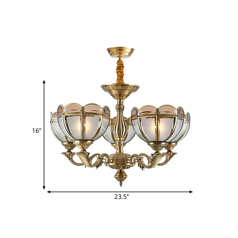 Beige Frosted Glass Gold Chandelier - Dome Style 5/6 Bulbs Hanging Ceiling Light