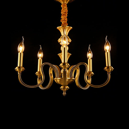 Gold Colonial Candle Ceiling Pendant Light With 3/5/6 Metal Heads - Elegant Living Room Chandelier