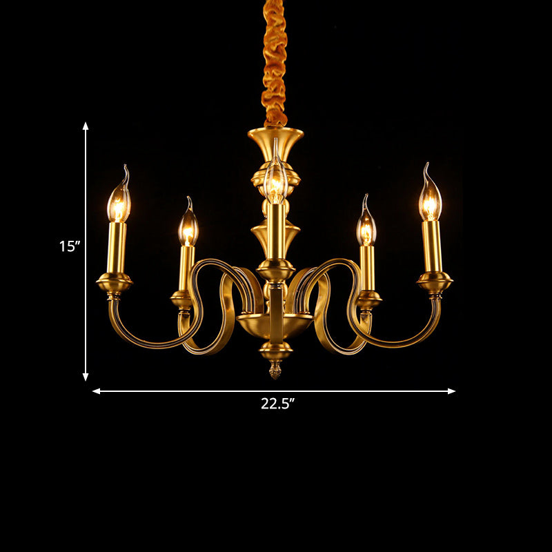 Gold Colonial Candle Ceiling Pendant Light With 3/5/6 Metal Heads - Elegant Living Room Chandelier