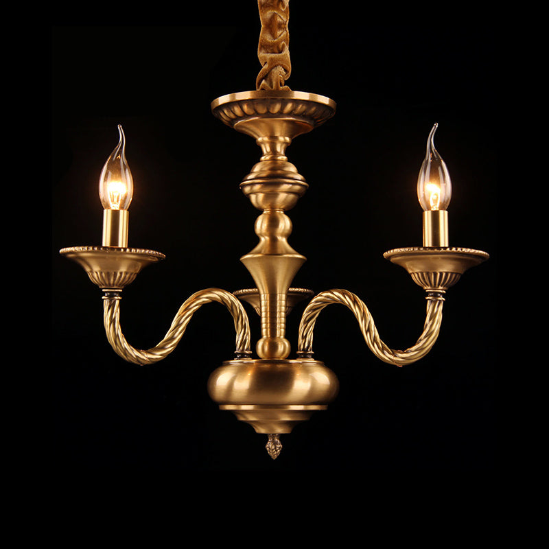 Brass Colonial Candle Chandelier Pendant Light With Curved Hemp Rope Arm - 3/5/6 Lights