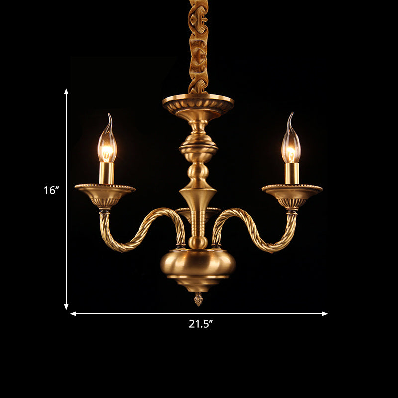 Brass Colonial Candle Chandelier Pendant Light With Curved Hemp Rope Arm - 3/5/6 Lights