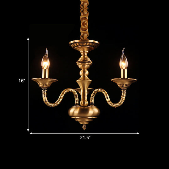 Brass Colonial Candle Chandelier Pendant Light With Curved Hemp Rope Arm - 3/5/6 Lights