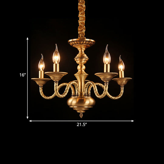 Brass Colonial Candle Chandelier Pendant Light With Curved Hemp Rope Arm - 3/5/6 Lights