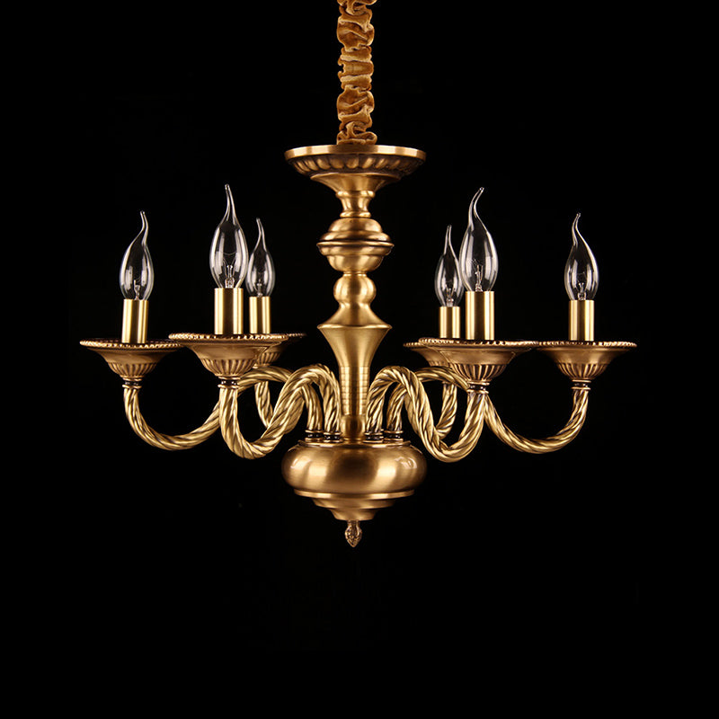 Brass Colonial Candle Chandelier Pendant Light With Curved Hemp Rope Arm - 3/5/6 Lights 6 /