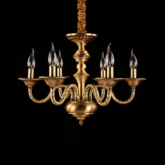 Brass Colonial Candle Chandelier Pendant Light With Curved Hemp Rope Arm - 3/5/6 Lights 6 /