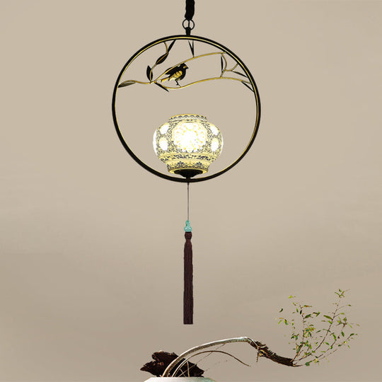 Traditional Black/Gold Metal Birdcage Pendant Light For Tea Room - 1-Light Suspension Ceiling