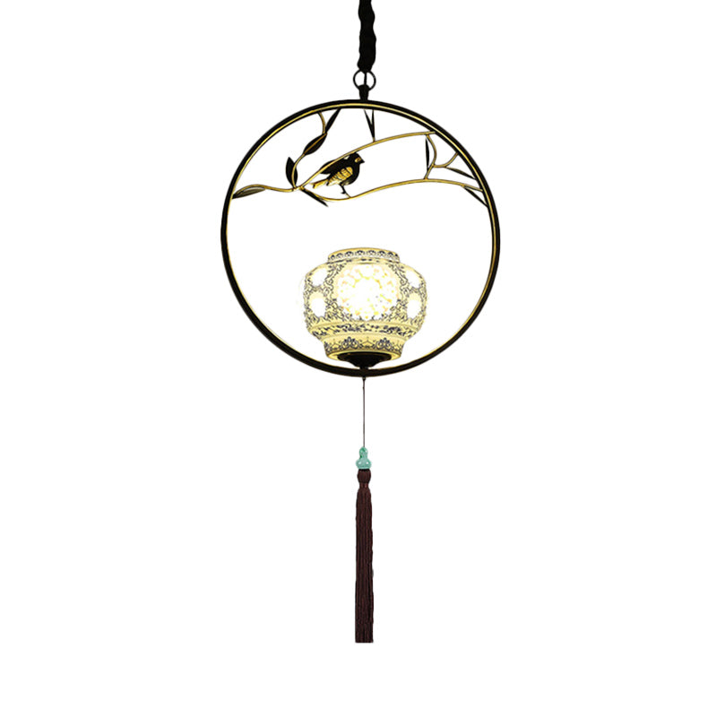 Traditional Black/Gold Metal Birdcage Pendant Light For Tea Room - 1-Light Suspension Ceiling