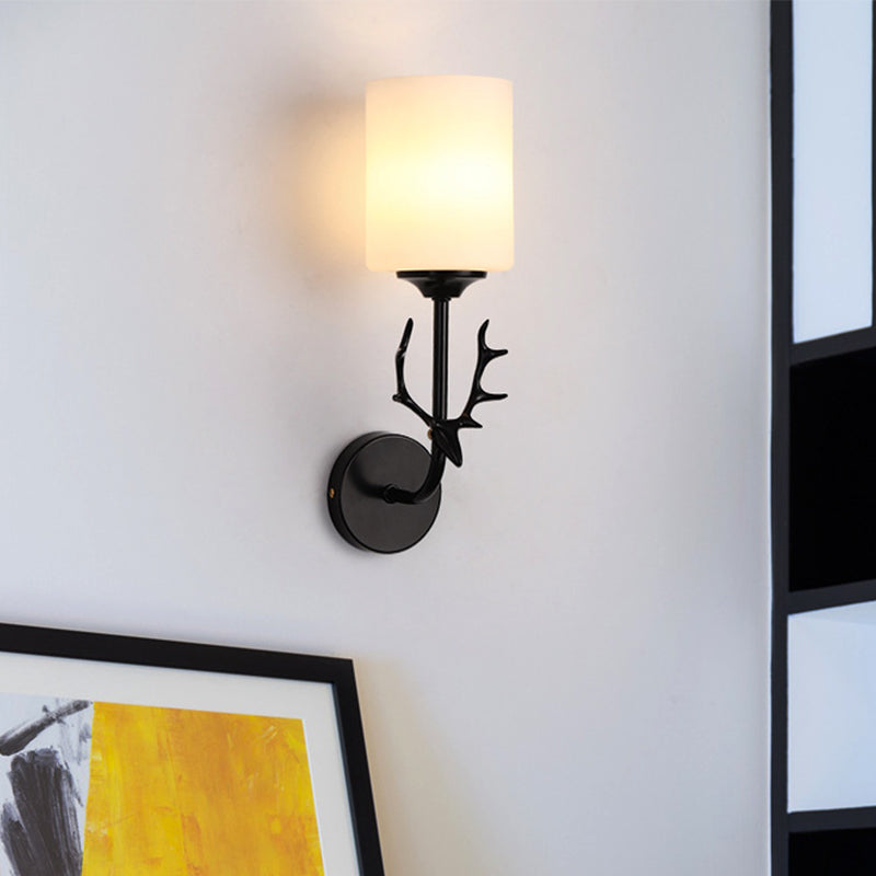 Rustic Black/Brass Wall Mounted Lamp With Rural White Glass Cylinder For Living Room Black