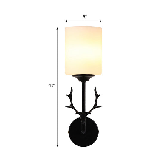 Rustic Black/Brass Wall Mounted Lamp With Rural White Glass Cylinder For Living Room