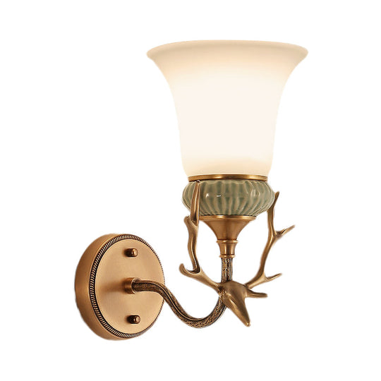 Retro Bell Opal Glass Brass Wall Sconce With Antlers - Elegant 1-Light Lamp Fixture