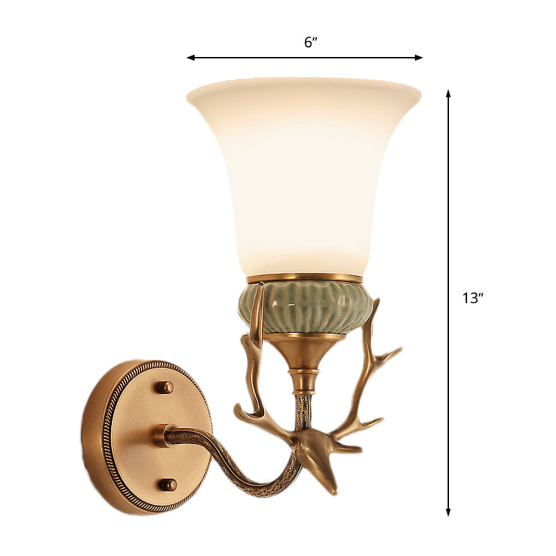 Retro Bell Opal Glass Brass Wall Sconce With Antlers - Elegant 1-Light Lamp Fixture