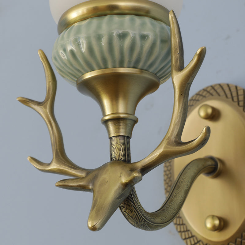 Retro Bell Opal Glass Brass Wall Sconce With Antlers - Elegant 1-Light Lamp Fixture