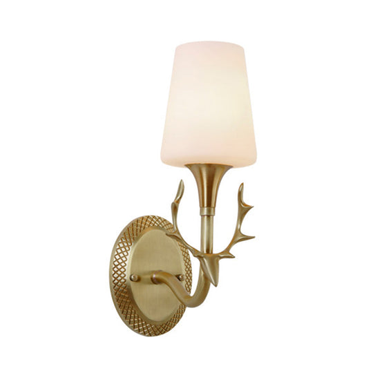 Rustic Scrolled Arm Milk Glass Sconce Lighting: Wall Mounted Brass Fixture For Bedroom (1/2 Light)