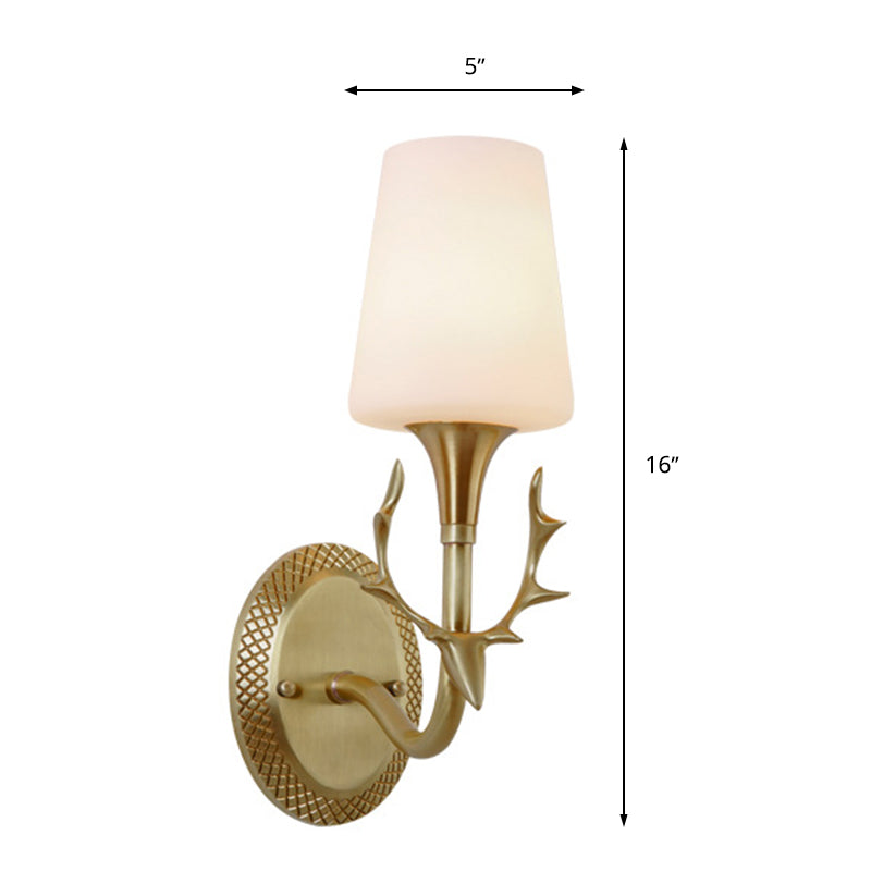 Rustic Scrolled Arm Milk Glass Sconce Lighting: Wall Mounted Brass Fixture For Bedroom (1/2 Light)