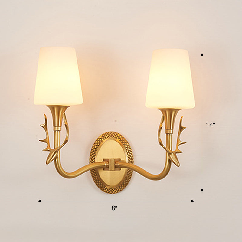 Rustic Scrolled Arm Milk Glass Sconce Lighting: Wall Mounted Brass Fixture For Bedroom (1/2 Light)