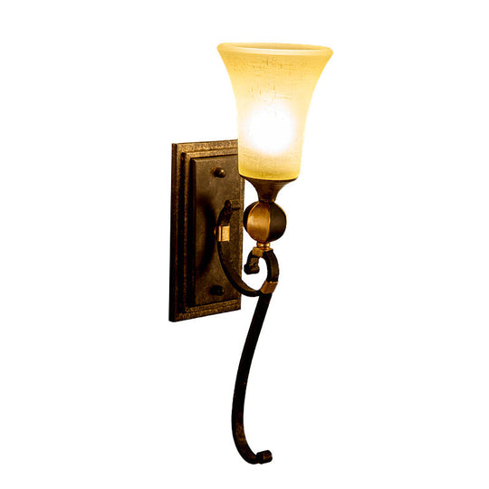 Antique Bronze Metal Wall Mount Sconce Lamp With Amber Glass Shade - Lodge Light Fixture