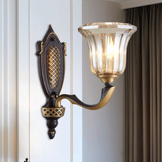 Retro Glass Wall Lamp With Curved Brass Arm - Flared Living Room Sconce Lighting (1/2 Bulbs)