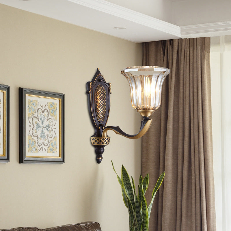 Retro Glass Wall Lamp With Curved Brass Arm - Flared Living Room Sconce Lighting (1/2 Bulbs)