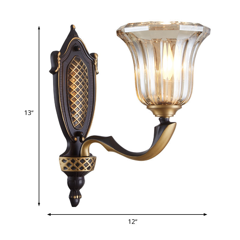 Retro Glass Wall Lamp With Curved Brass Arm - Flared Living Room Sconce Lighting (1/2 Bulbs)