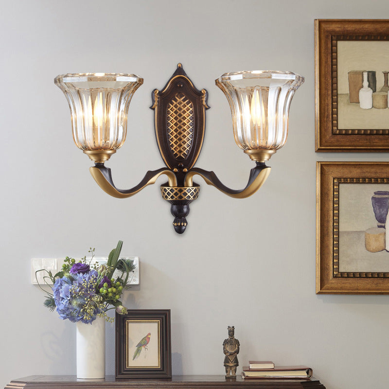 Retro Glass Wall Lamp With Curved Brass Arm - Flared Living Room Sconce Lighting (1/2 Bulbs) 2 /