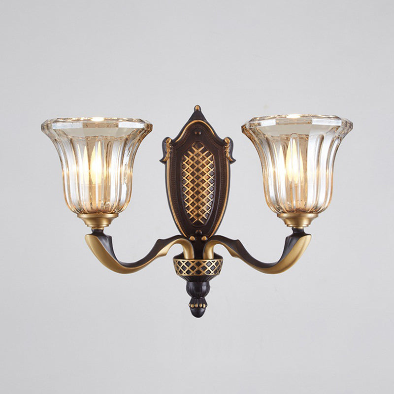 Retro Glass Wall Lamp With Curved Brass Arm - Flared Living Room Sconce Lighting (1/2 Bulbs)