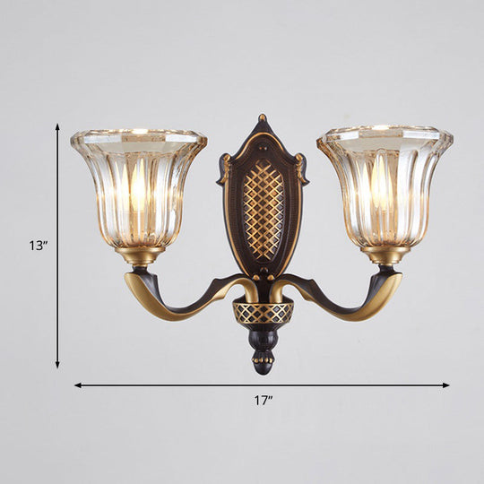 Retro Glass Wall Lamp With Curved Brass Arm - Flared Living Room Sconce Lighting (1/2 Bulbs)