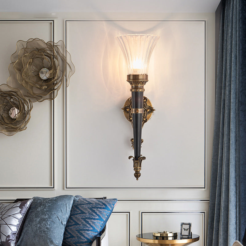 Translucent Glass Wall Sconce Lamp In Brass With Flared Prismatic Shade