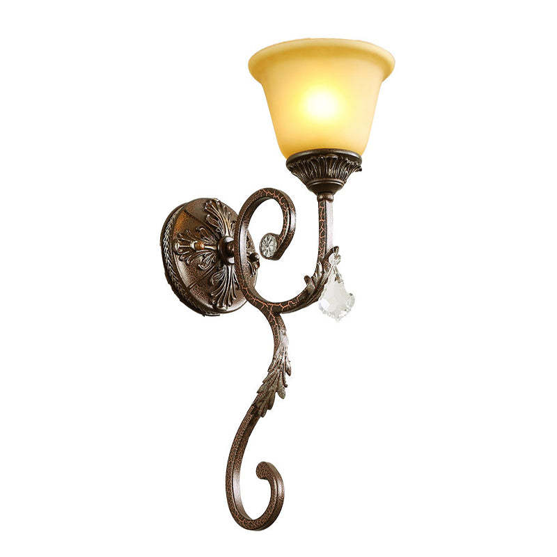 Traditional Amber Glass Sconce Lamp With Swirled Arm - Wall Mounted Corner Fixture In Bronze