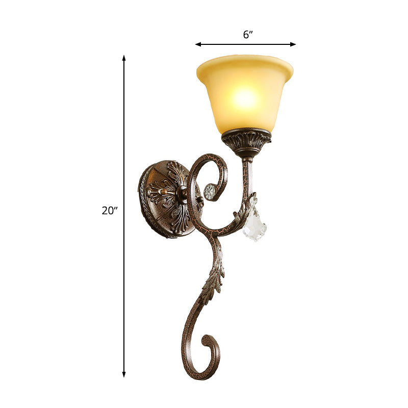 Traditional Amber Glass Sconce Lamp With Swirled Arm - Wall Mounted Corner Fixture In Bronze